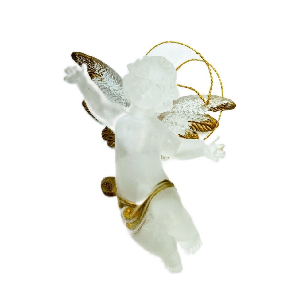 Vintage Christmas Tree Ornament Flying Angel Cherub Hand Painted Gold Wings 2.5"
